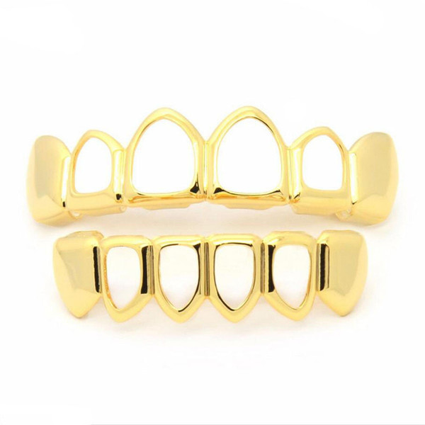 New Hip Hop Teeth Grillz Hollow Top & Bottom Fangs Bottom Grillz Set Vampire Grills Sets Gold Bling Hollow Bloodsucker Tooth Caps