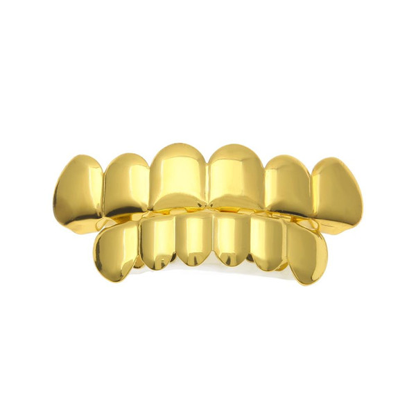 New Custom Fit Gold Plated Hip Hop Rock Teeth Grillz Caps Top & Bottom Grill Set For Halloween Christmas Party Vampire Teeth Y#122