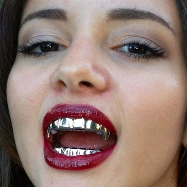 Hip Hop Gold Teeth Grills Top Bottom Teeth Grills Dental Vampire Teeth Caps Mouth Halloween Party Deco D0638-1