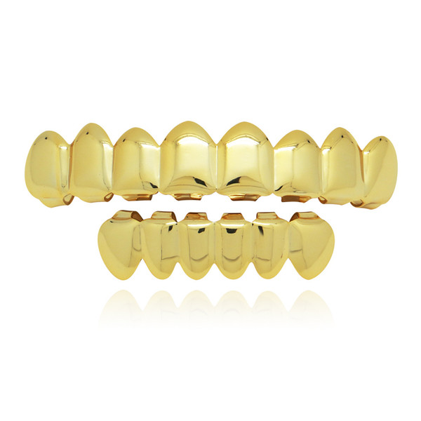 24K real Gold Finish Grills Set Eight 8 Top Teeth & Six 6 Bottom Tooth Plain Hip Hop Grills New High Quality Christmas Halloween Gift