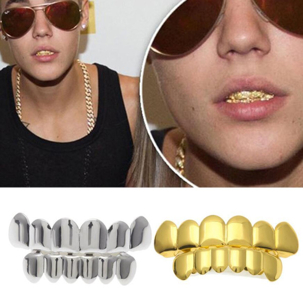 Gold Teeth Grillz Top & Bottom Grills Dental Hiphop Tooth Halloween Vampire Teeth Caps Cosply Body Jewelry Free Shipping