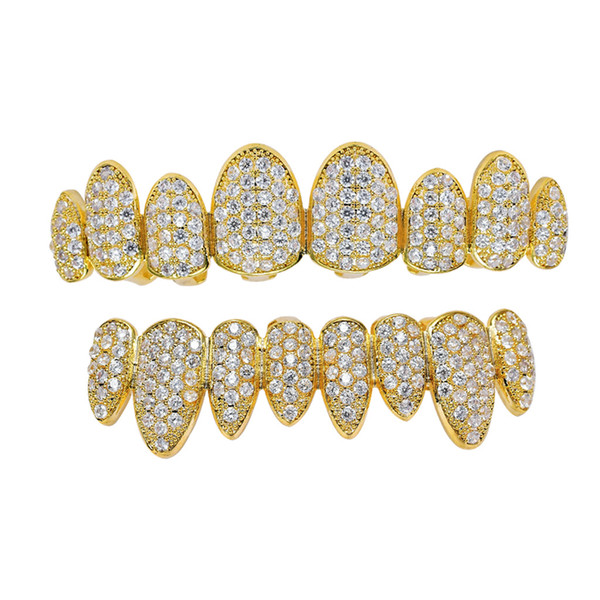 HipHop Rock Gold Rosegold White Zircon Teeth Grillz New Arrive Copper Upper Bottom Braces Grillz For Male Female