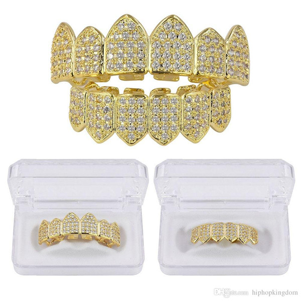 Hip Hop Copper TeethGrillz Set Micro Paved Cubic Zircon Top & Bottom Teeth Grillz Drop Shipping #hp10