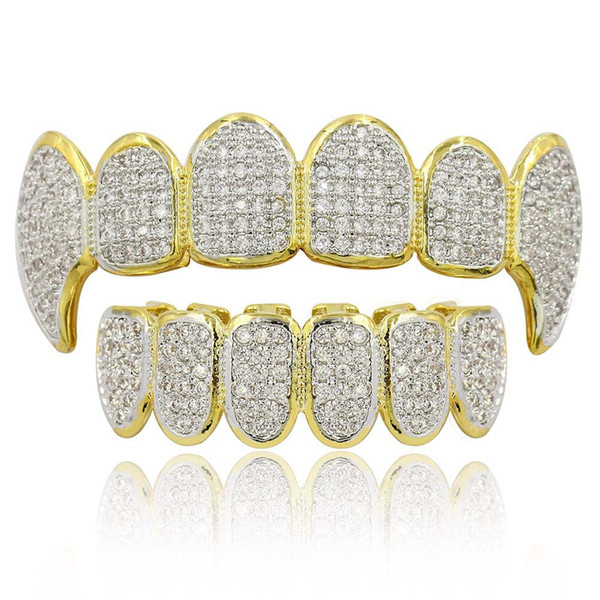 Gold silver Color teeth grillz Hip Hop Micro Pave Zircon Teeth Grillz Caps Hiphop Top Bottom Men Women Grills Set for Halloween Christmas