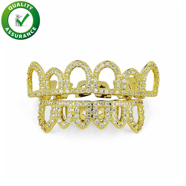 Hip Hop Jewelry Teeth Grills Caps Micro Pave CZ Stone Hollow Top & Bottom Set Iced Out Diamond Zircon Fang Mouth Grillz Men Women