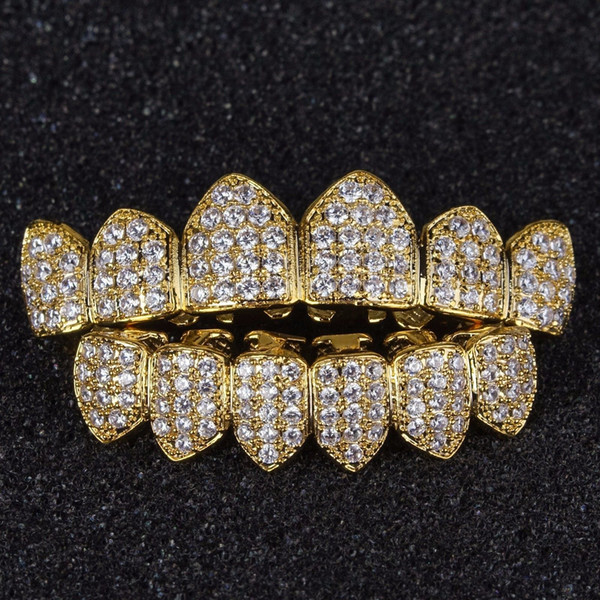 Hip Hop Grills Pure Gold Color Plated Tooth Grill Micro Pave CZ Top & Bottom GRILL Mouth Teeth Grills Sets#HOP