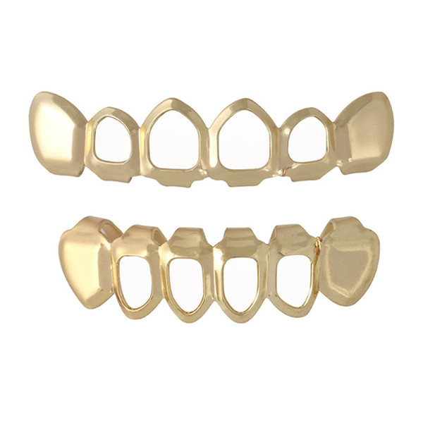 Hip Hop 6 Teeth Grillz Hollow Top & Bottom Fangs Bottom Grillz Set Vampire Grills Sets Gold Bling Hollow Bloodsucker Tooth Caps Halloween