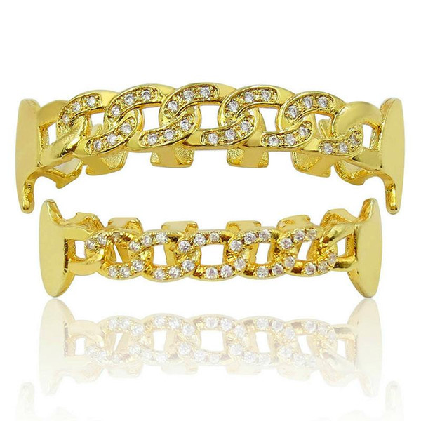 Ice Out Zircon Teeth Grillz Gold Plated For Men Luxury Hip Hop Vampire Grillzs Pop Hiphop Jewelry Hollow Hot Sale