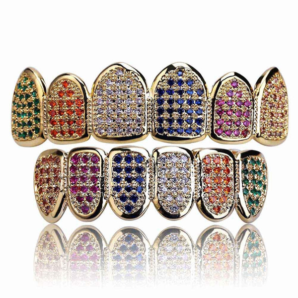 Gold Teeth Grillz Men Women Colorful Cubic Zircon Hiphop Teeth Grillz Top & Bottom Groll Set With Silicone Star Shape Teeth Jewelry