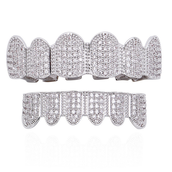 Topfashionqueen Factory Price Silver Teeth Grillz Set Hip Hop Dental Grills AAA+ CZ Micro Pave Teeth Caps Men Accessory Bijoux Free Shipping