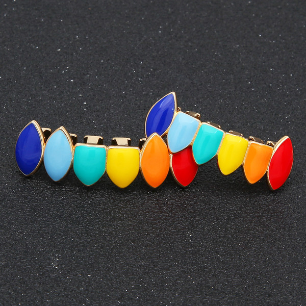 Rainbow Hip Hop Teeth Grillz Top & Bottom fale Grills Dental Gold Silver Tooth Caps For women & men Halloween body Jewerly with Box