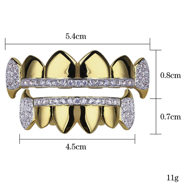 European and American men's hip hop mini set AAA zircon real gold plated dental tusk jacket, tooth hip-hop fashion braces jewelry