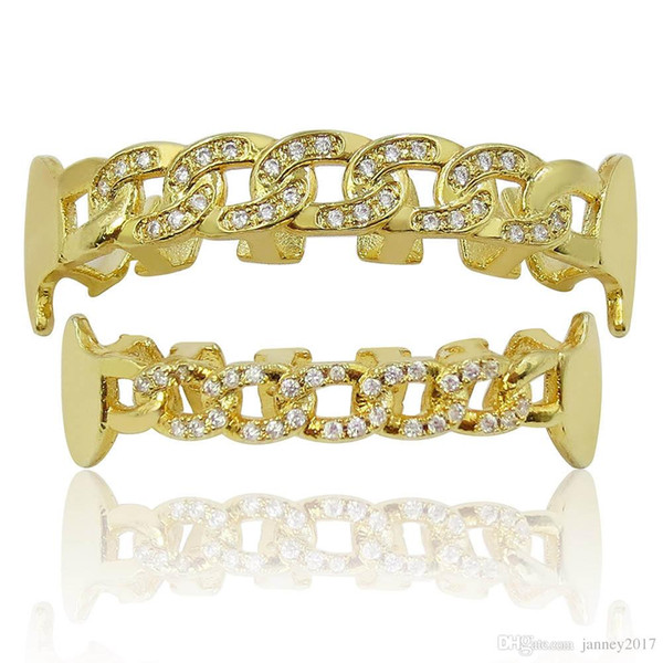 Gold Silver Teeth Grillz Men Women Rhinestone Hiphop Teeth Grillz Top & Bottom Groll Set With Silicone Round Shape Teeth Jewelry