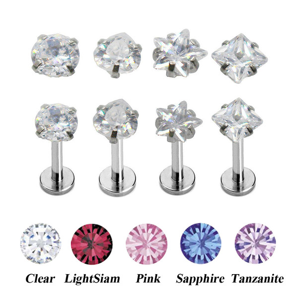 Internally Threaded Heart/Star/Square/Round Shape Gem Crystal Labret Lip Stud Ring Ear Tragus Helix Piercing Body Jewelry