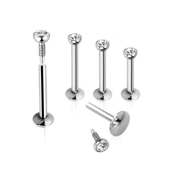 Punk Trendy Silver 16 Gauge Lip Rings Surgical Steel Labret Piercing Bar Ear Studs Diamonds Crystal Nose Ring Eyebrow Body Piercing Jewelry