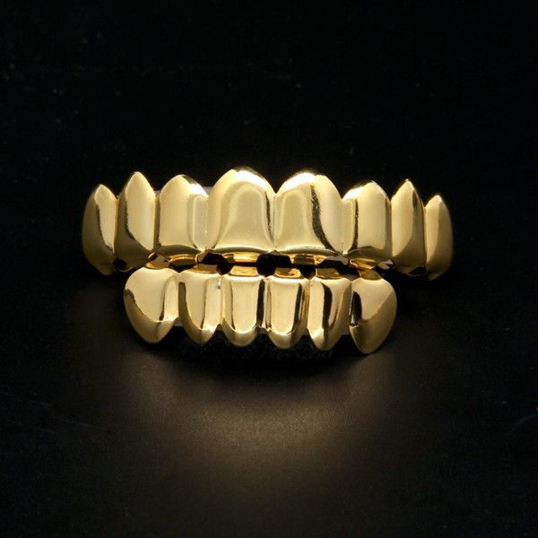 Gold Plated Cooper Grillz 8 Teeth Top & 6 Teeth Bottom Grills Set Slugs Hip Hop Mouth Teeth Caps Grills Party Gift Y#121