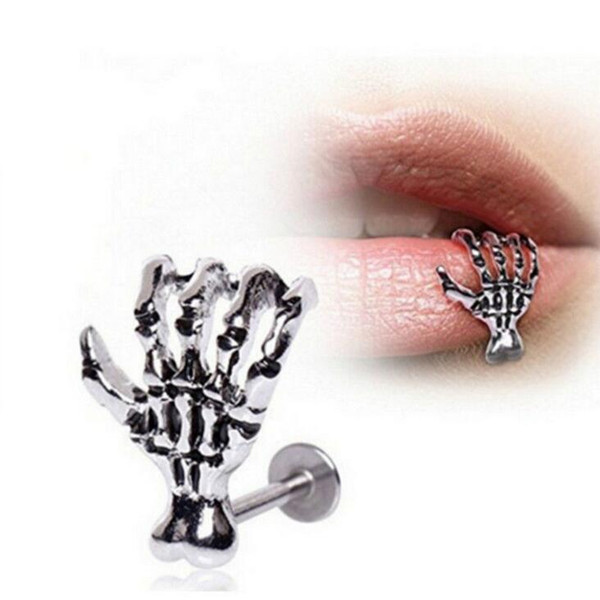 1Pcs Punk Skull Devil Hand Lip Ring Labret Piercing Stud Stainless Steel Jewelry - Skeleton Plam Stud for Women Men Body Piercing Jewelry