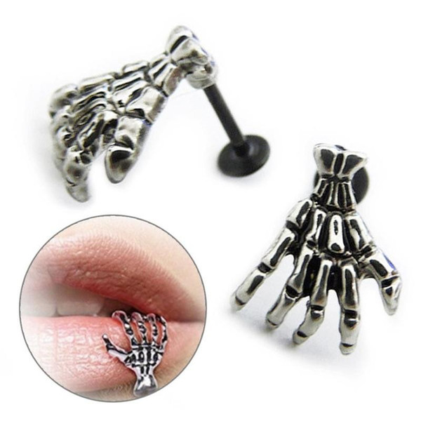 Surgical Stainless Steel Punk Skeleton Palm Labret Piercing Stud Rings Lip Piercing Tunnel Piercing Christmas Gift Body Jewelry G613S