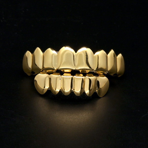 Gold Plated Cooper Grillz 8 Teeth Top & 6 Teeth Bottom Grills Set Slugs Hip Hop Mouth Teeth Caps Grills Party Gift