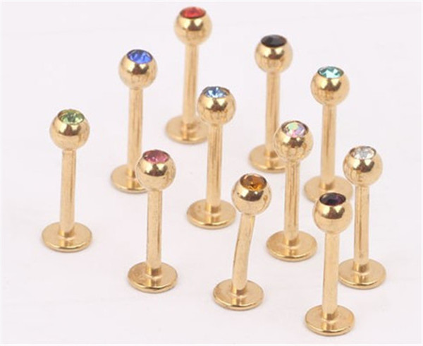 Anodized Stainless Steel 3mm Crystal Cz Gem 16G Gold Labret Lip Ring And Stud Fashion Nose Earring Body Piercing Jewelry 50PCS/LOT