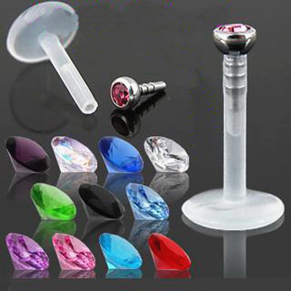 100pcs 16G black and white Flexible acrylic uv lip labret ring crystal Push in labret ear tragus Monroe piercing Crystal Gem Rhinestone