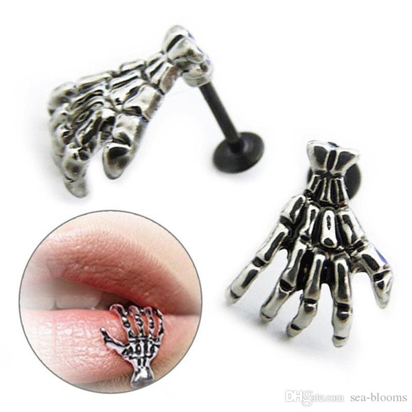 Free DHL Punk Style Skeleton Hands Lip Stud Piercing Ring Body Jewelry Skull Clip Earring Claw Lip Ring Men Women Palm Stud Earring G613SF