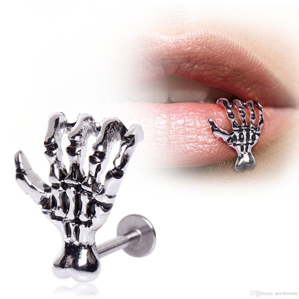 Trend Skeleton Hands Lip Stud Earring Piercing Ring Bar Jewelry Fashion Punk Style Skull Skeletal Clip Earring 1pcs Claw Lip Ring G613SF