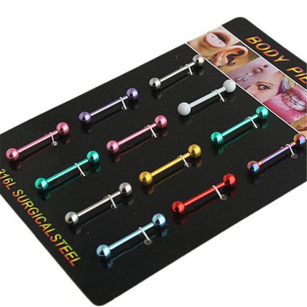 12pcs/lot Colorful Glitters Lip Tongue Rings Sexy Surgical Steel Fashion Piercing Tongue Studs Jewelry for Women Men Birthday Christmas Gift