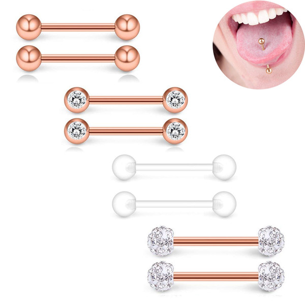 16pcs/set Crystal 14G Perforated Tongue Nail Set 19mm Surgical Steel Ball Barbell Bar Tongue Ring Studs Body Piercing Jewelry