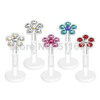 Wholesale-OP-FLOWER PRESS FIT CUBIC ZIRCONIA MONROE LABRET BAR LIP STUD BIOFLEX SHAFT 20pcs/lot