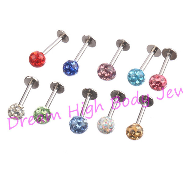 Crystal Gem Labret TragusLip Ring Stud Bar Body Piercing 4mm ball Shambhala Resin16Gauge 6mm 8mm 10mm 50pcs /lot Wholesale