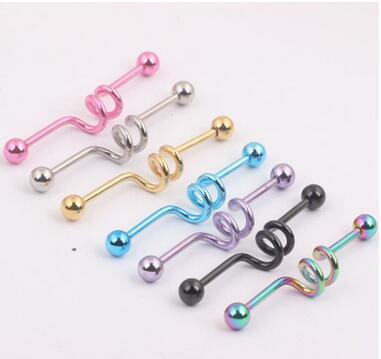 1.6*38*5.5mm 7 color unisex Stainless steel Screw rod labret lip piercing jewelry Spring bone nail Two ring shaped tongue nail set puncture