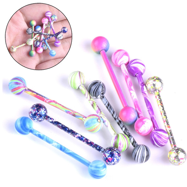 Candy Color Random Stainless Steel Acrylic Ball Tongue Bars Ring Ear Nail Clasp Ear Bone Barbell Body Piercing Jewelry Tong