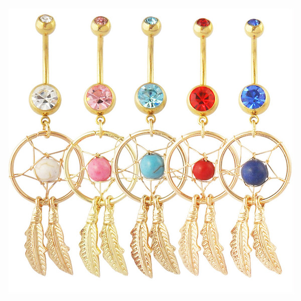 Crystal Gem Dream Catcher Dangle Belly Navel Barbell Button Ring 316L Stainless Steel Navel Body Piercing Jewelry