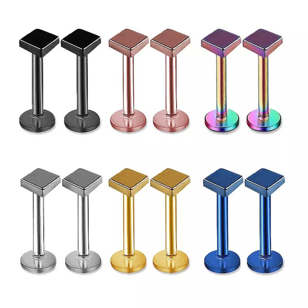 Wholesale square Labret Lip Chin Ring Nose Ear Bar Stud Stainless Steel Piercing Fashion Body Jewelry Free Shipping