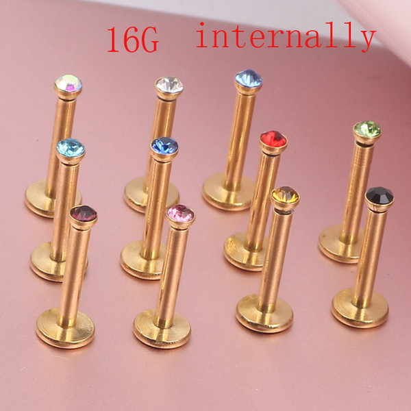 Gold Internally Labret Ring Lip Piercing Crystal Gem Stone Fashion Body Jewelry 316L Stainless Steel 16G 8mm bar Piercing