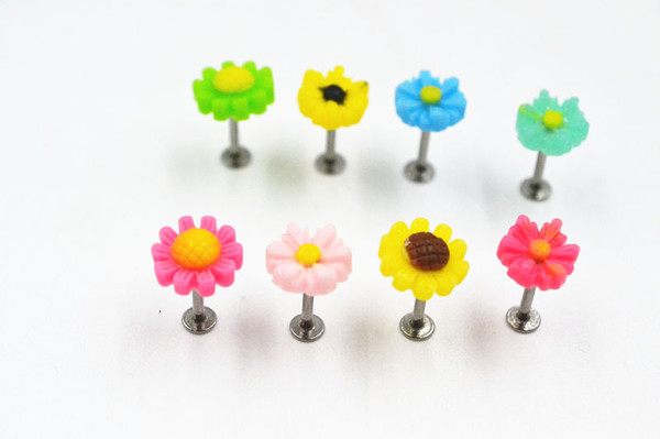 Free shippment LOT50pcs Body Jewelry -16g Flowers Lip Labret Ring Bar Lip Piercing Helix Bar Barbells Cartilage Piercing 16G