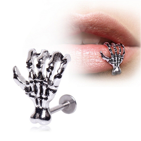 1 piece Punk Steel Skull Devil Hand Lip Ring Piercing Jewelry Skeleton Labret for Women Men Palm Stud Earring Body Jewelry Lots Wholesale