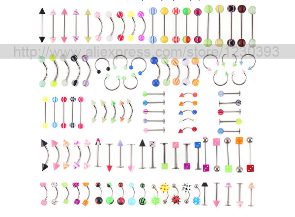 Wholesale 21 Style 105Pcs Body Jewelry Piercing Eyebrow Nose Navel Belly Tongue Lip Bar Ring Multi Function