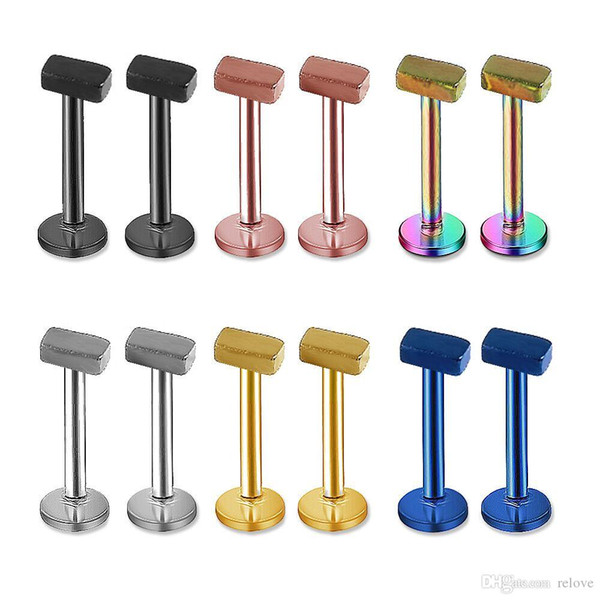 Wholesale rectangle Labret Lip Chin Ring Nose Ear Bar Stud Stainless Steel Piercing Fashion Body Jewelry Free Shipping