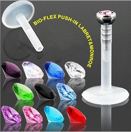 Wholesale-OP-Flexible Secure push fit gem Surgical Steel Bioplast LABRET LIP RING mixing color and size