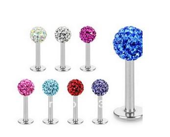 Free shipping,wholesales 20pcs mix 10 colors body piercing jewelry disco ball CZ crystal lip piercing labret bar labret ring