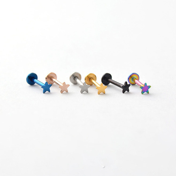 Peach hearts, five pointed star, inner thread, flat bottom lip studs, ear studs.