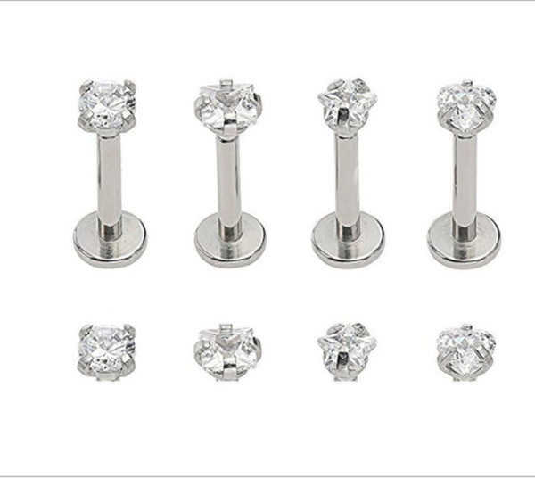 Free shippment LOT50pcs 16g Body Jewelry Piercing -CZ Shining Lip Labret Ring Ear Helix Bar Lip Piercing Round Square Heart Star