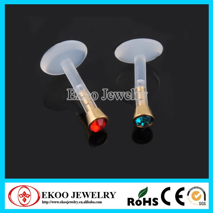 Internal Bio Flexible Labret with Gold Plated Flat Jewel Ball Lip Ring Mixed 8 Colors Lot of 40pcs