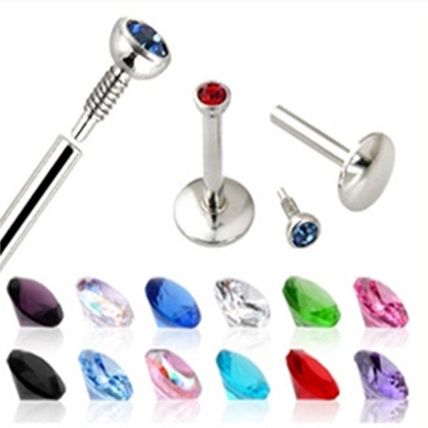 2MM Cz Crystal Gem Internally Threaded Lip Ring And Stud Stainless Steel 16G Labret Bar Nose Earring Piercing Body Jewelry 50pcs/lot