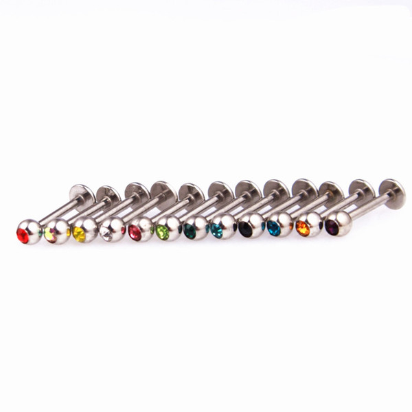 Labret Ring Lip Piercing Stud Crystal Gem Stone Fashion Body Jewelry 316L Stainless Steel 16G 6mm 8mm 10mm bar Ear Tragus Bone