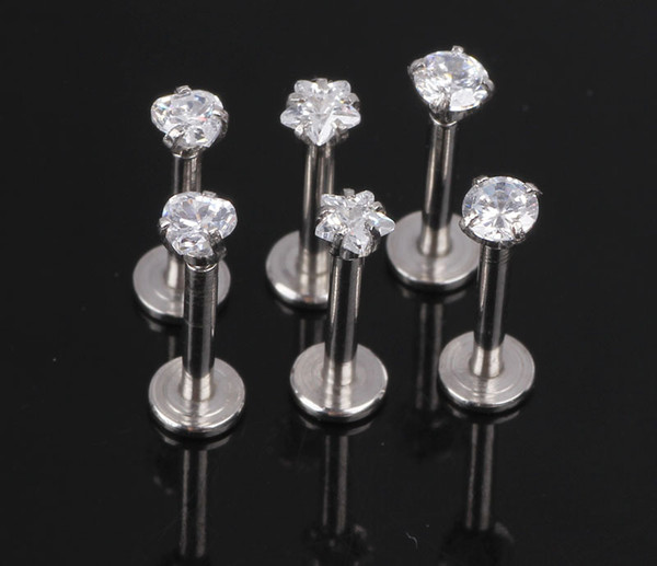 1.2x8x3mm 16G Silver Internally Threaded Prong Gem Labret lip piercing Zircon labret ring Tragus Earring