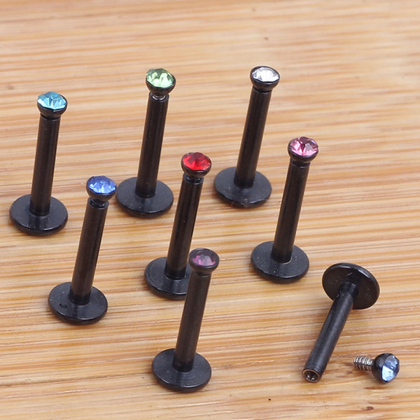 16G Black Stainless Steel Internally Threaded Crystal Labret Lip Ring Ball Stud Chin Piercing Bars Body Jewelry