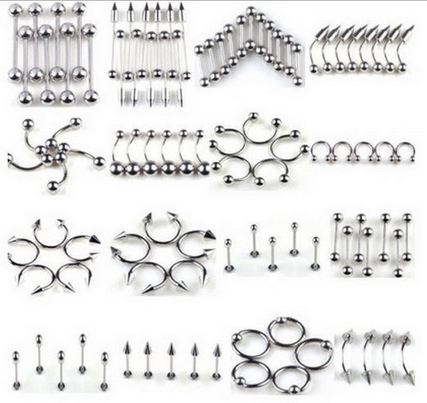 316L Stainless Steel Navel Bell Tongue Nose Ear Eyebrow Labret Lip Rings & Studs Body Piercing Set Jewelry Mixed 85pcs/set